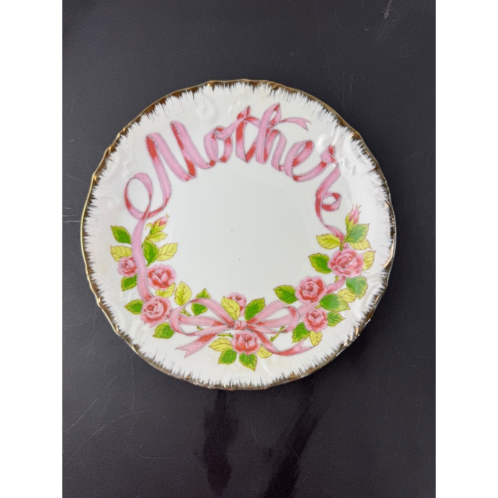 Vintage‎ Enesco Japan Mother Decorative Plate Pink Roses Gold Trim 8 Inch